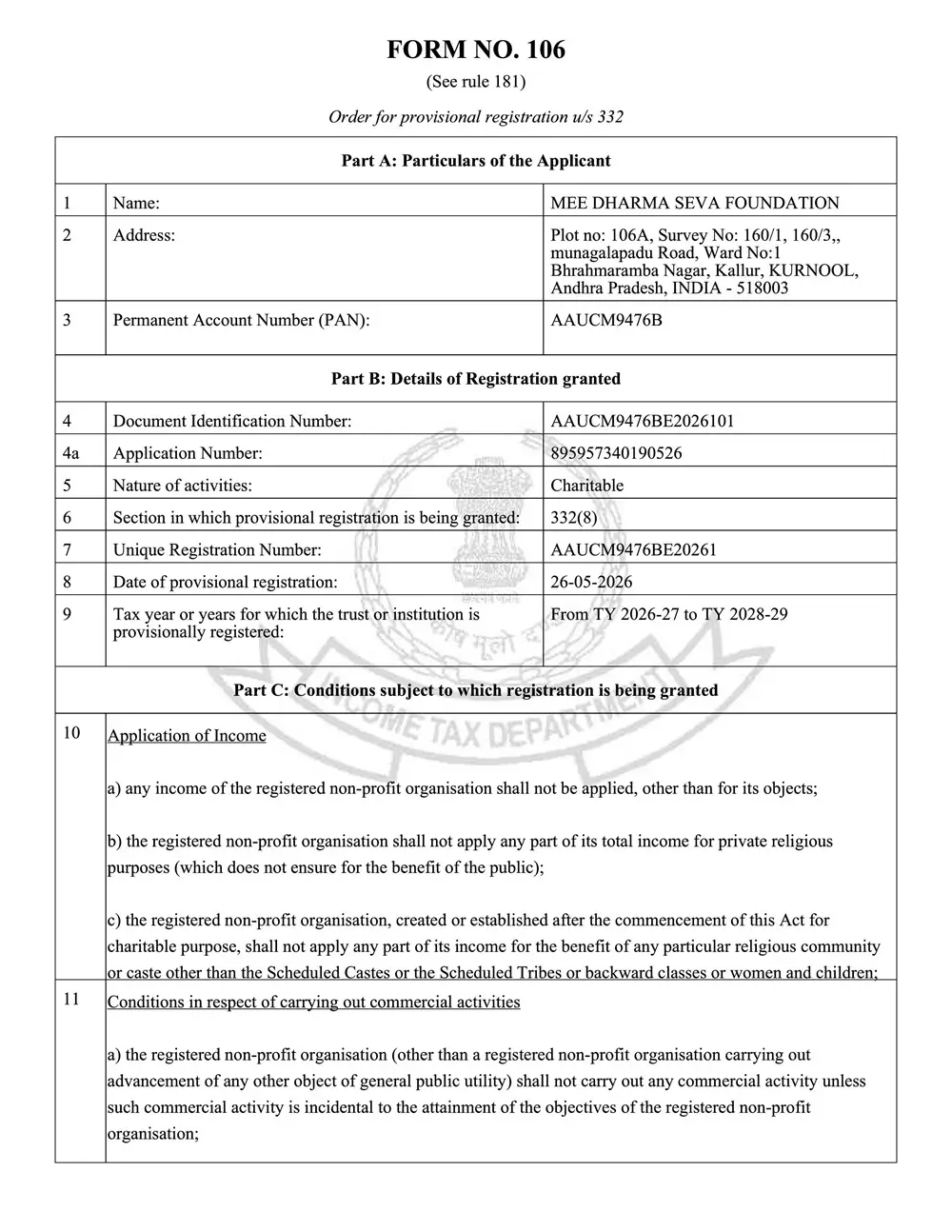 Mee Dharma Seva Foundation 12A Certificate
